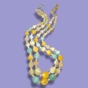 Vintage Yellow Green Orange Acrylic Bead‎  2-Strand Necklace Hong Kong 19-21"